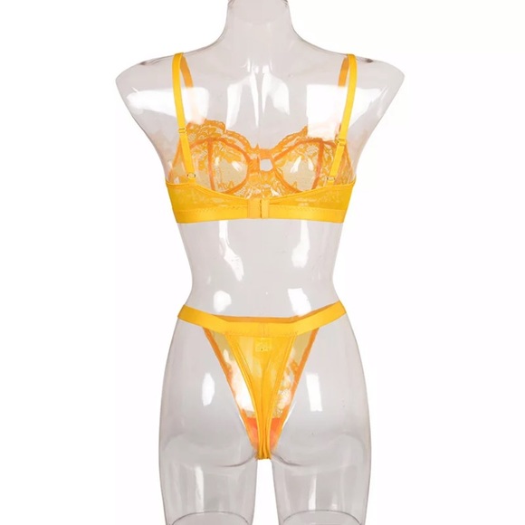 Yellow Sheer Mesh Lace 2Pc Lingerie Bra Set - Picture 8 of 8